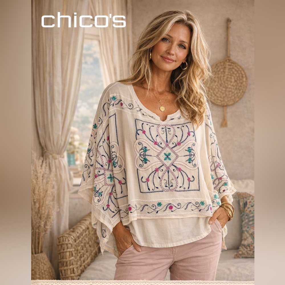 Chico's Blouse Cream,Kimono Sleeve Floral Embroidered 2-Layer,Chicos Size Med
